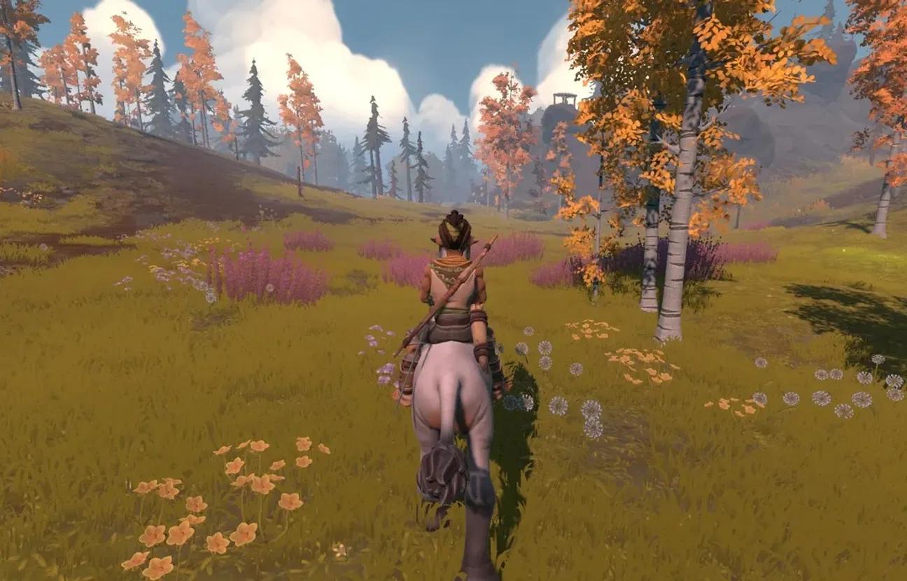Schermfoto van game die Matthijs van de Laar heeft ontwikkeld van een groene weide met een paard en ruiter